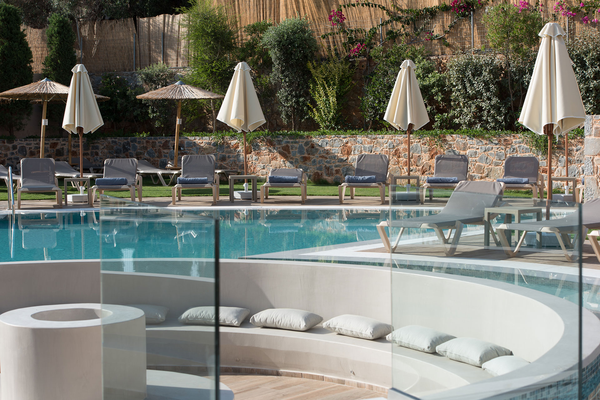 Swimming pool area with lawn and trees