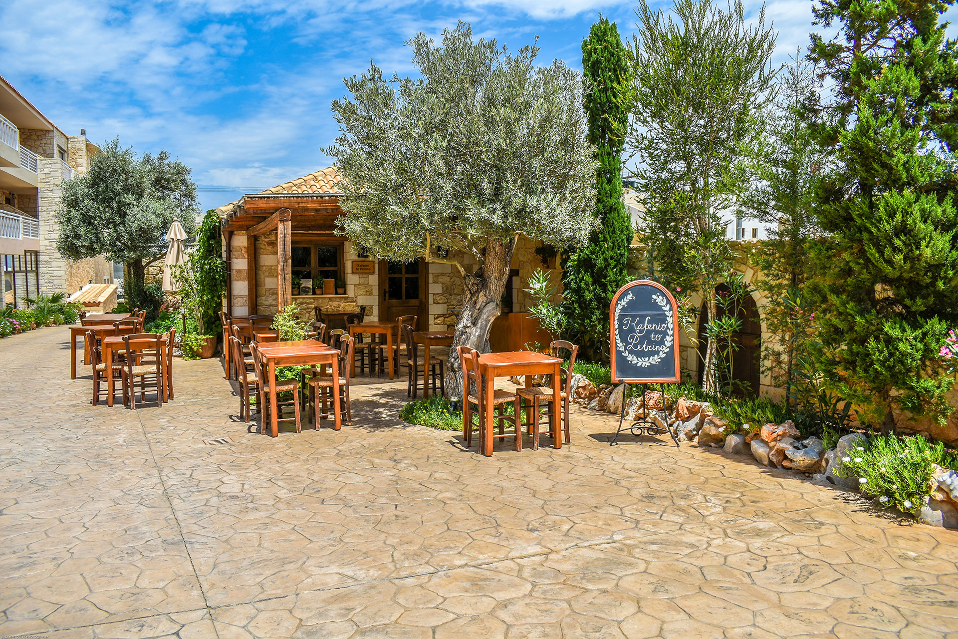 Εξωτερική όψη από το καφενείο του ξενοδοχείου που περιέχει διάφορα είδη φυτών