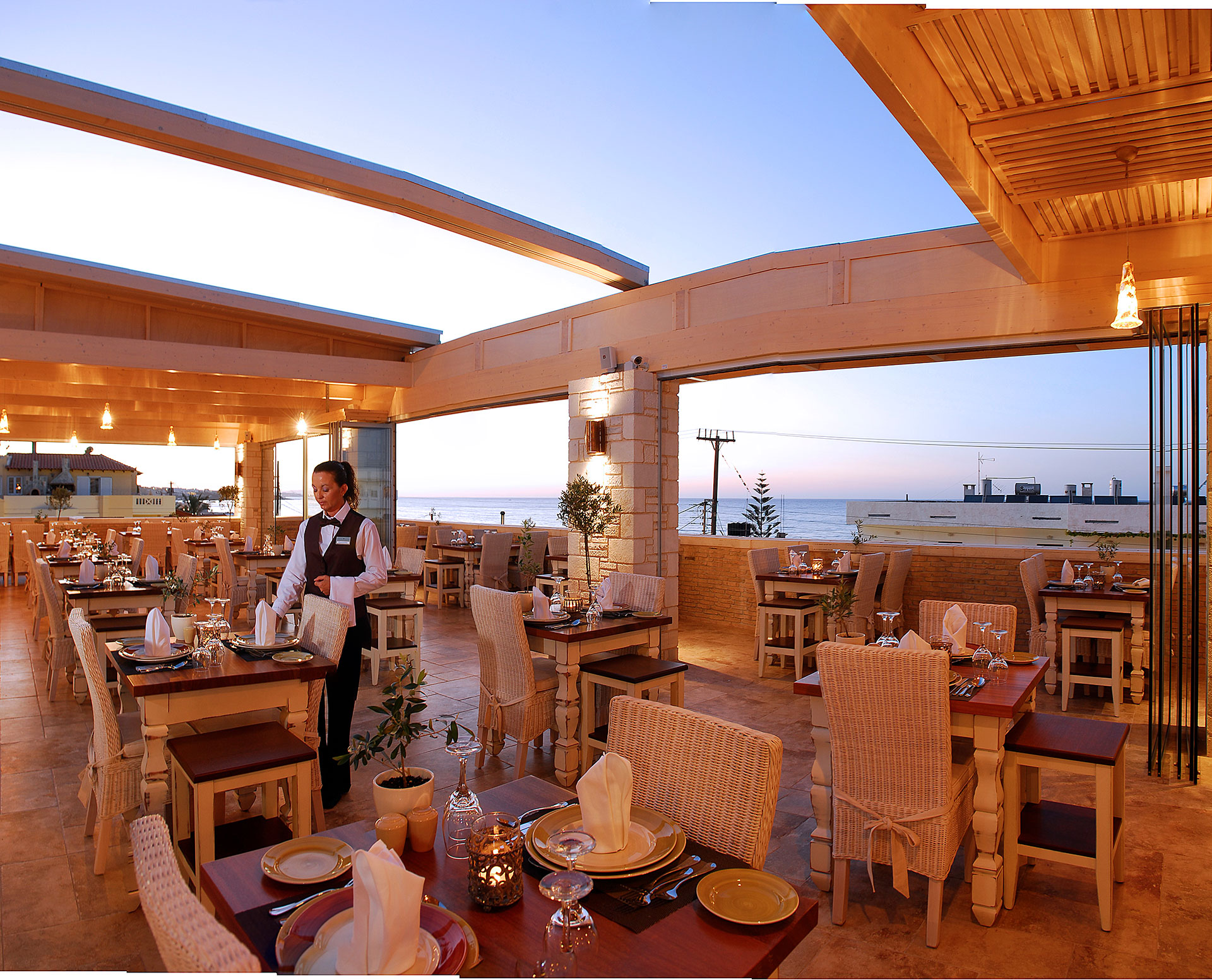 Hotel restaurant with a view of the evening sky