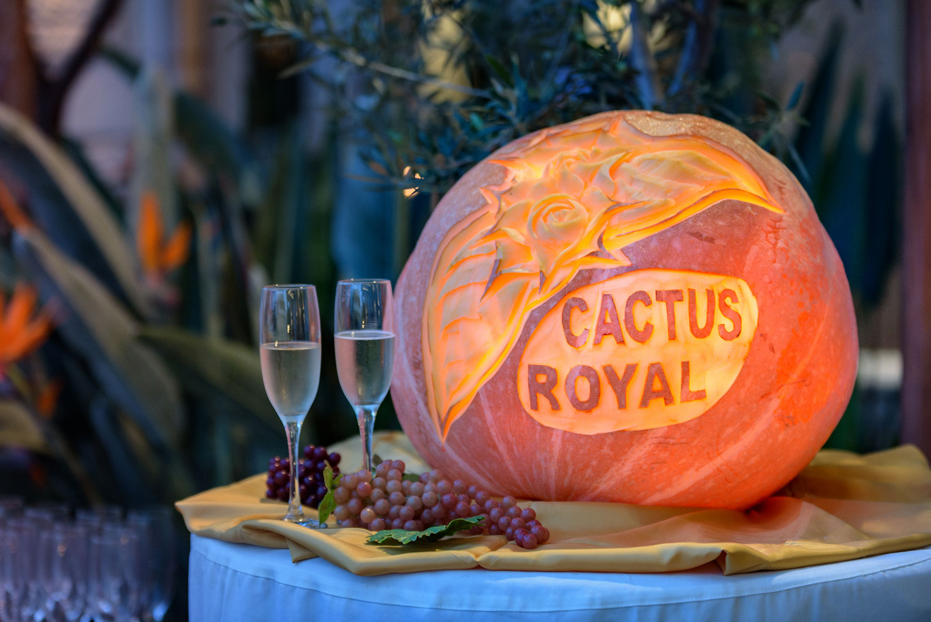 Decorated image with hotel logo and two glasses containing alcohol