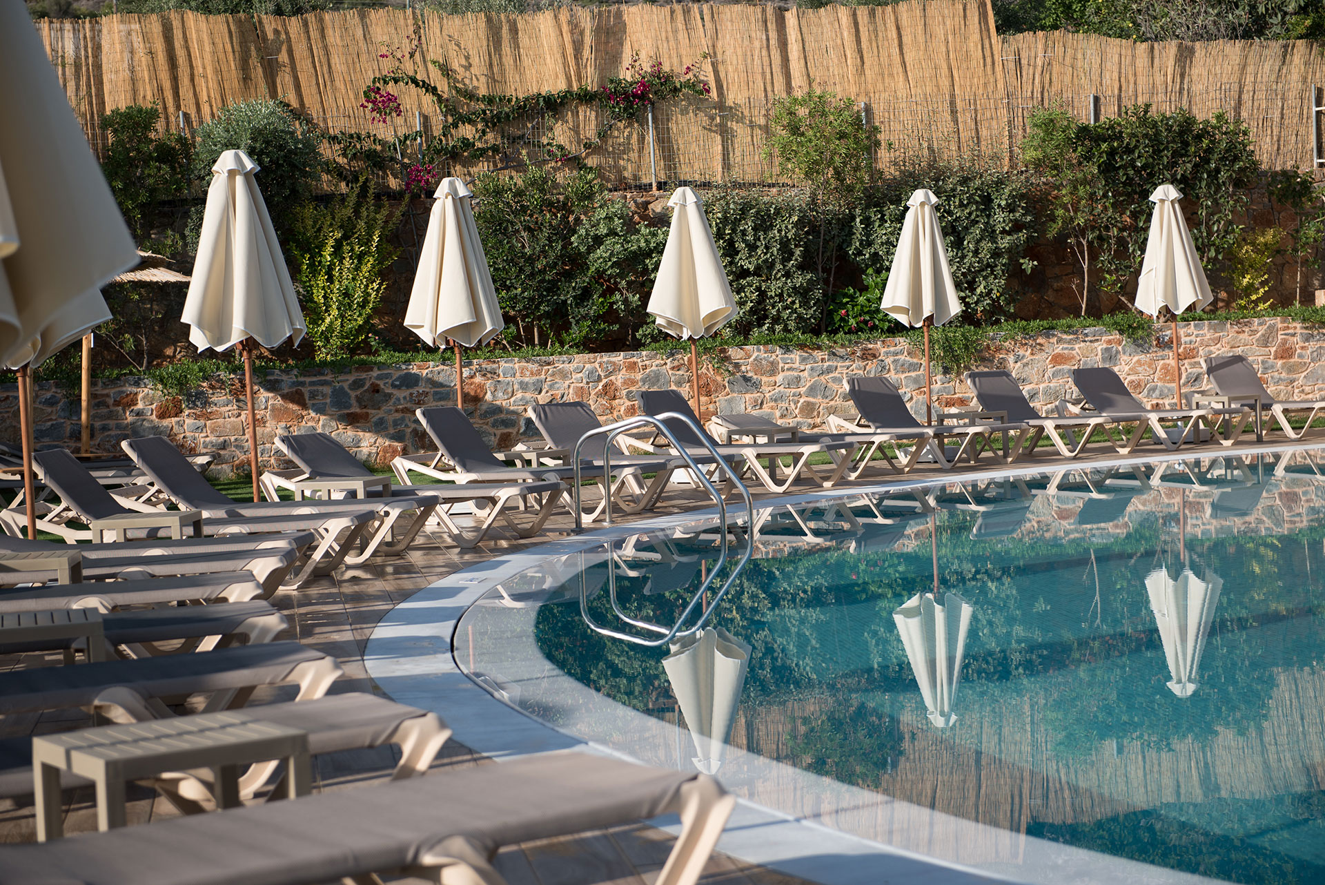 Pool area with umbrellas, sunbeds and gardens