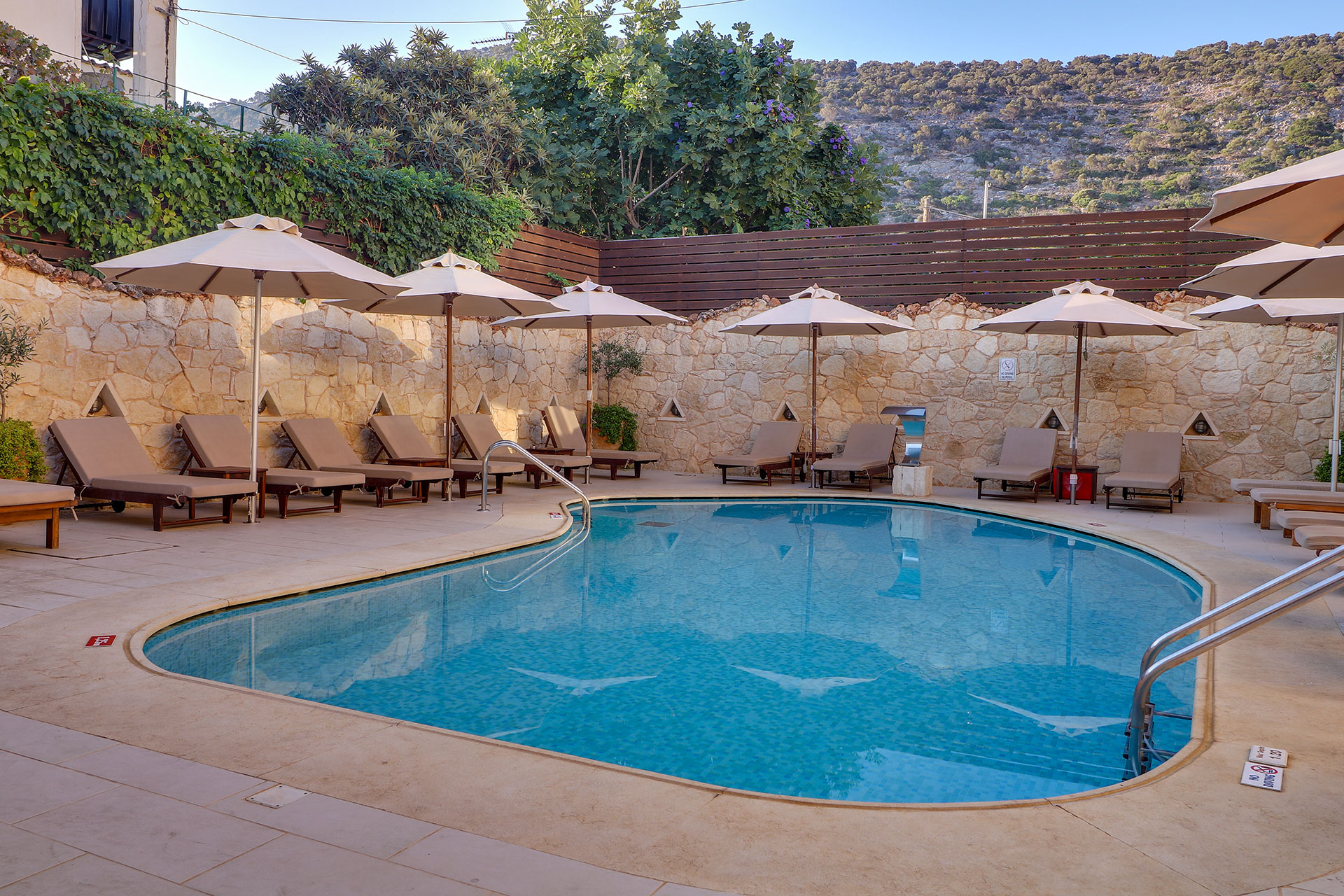 Round swimming with sunbeds and umbellas